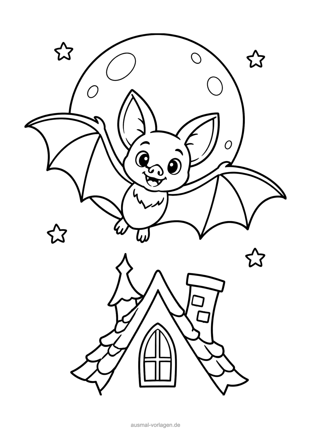 Fledermaus-Ausmalbild: lachende Fledermaus vor dem Vollmond, darunter ein Hausdach