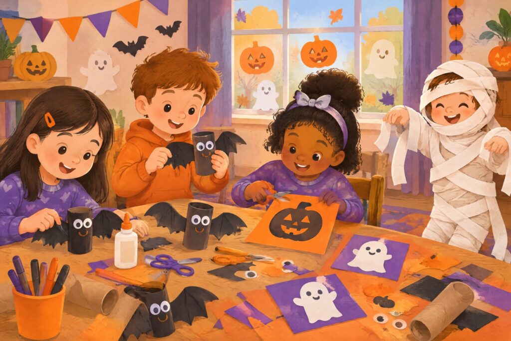 Kinder basteln Fledermäuse aus Klopapierrollen und Gespenster-Bilder für Halloween