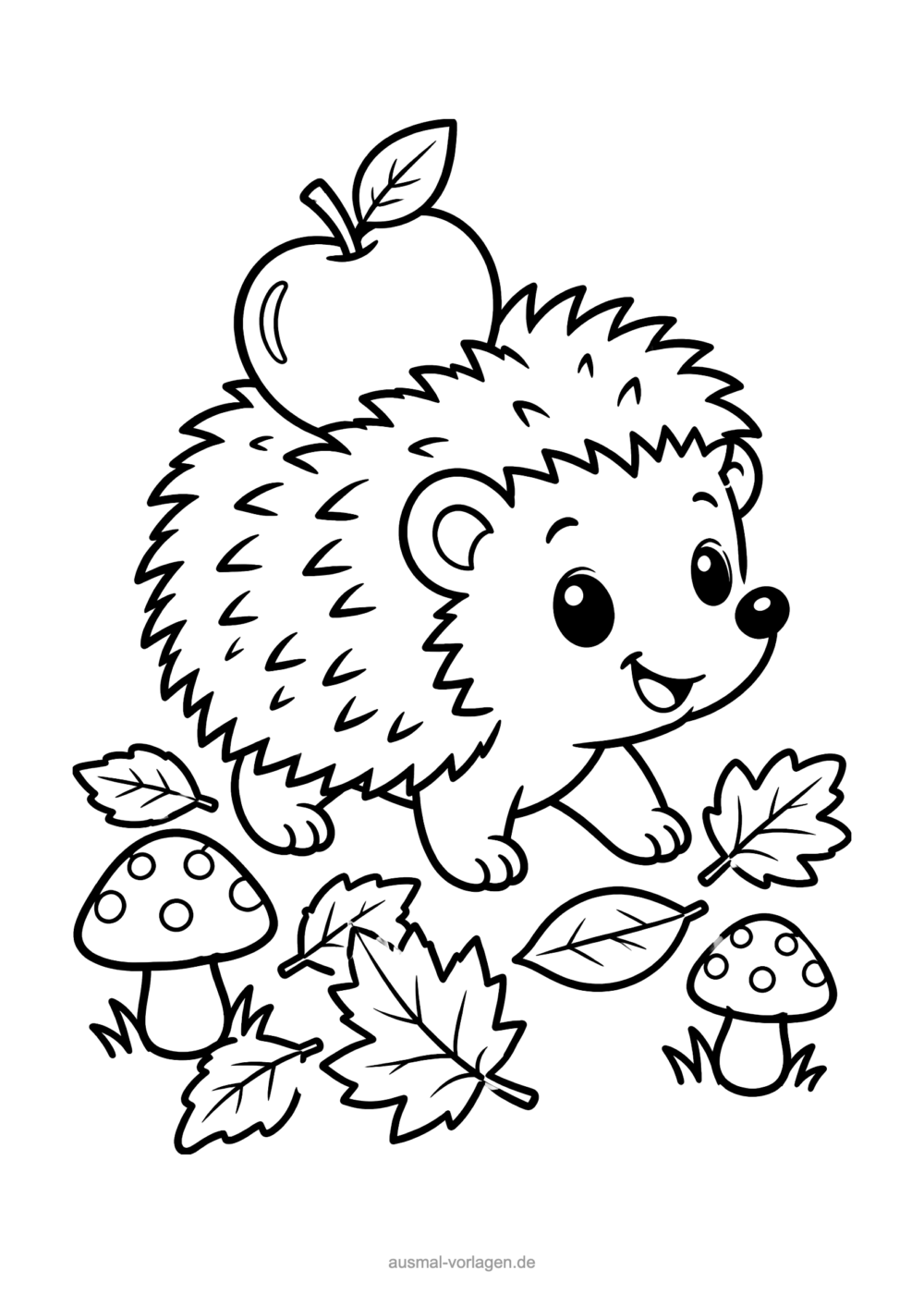 Igel-Ausmalbild: Igel mit Apfel zwischen Herbstblättern und Pilzen