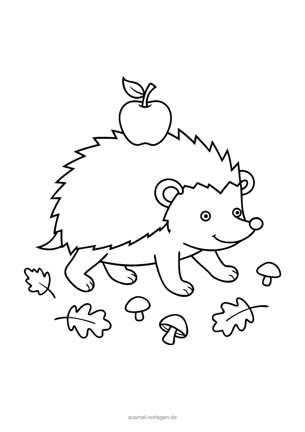 Ausmalbild Igel mit Apfel auf dem Rücken, Blätter und Pilze