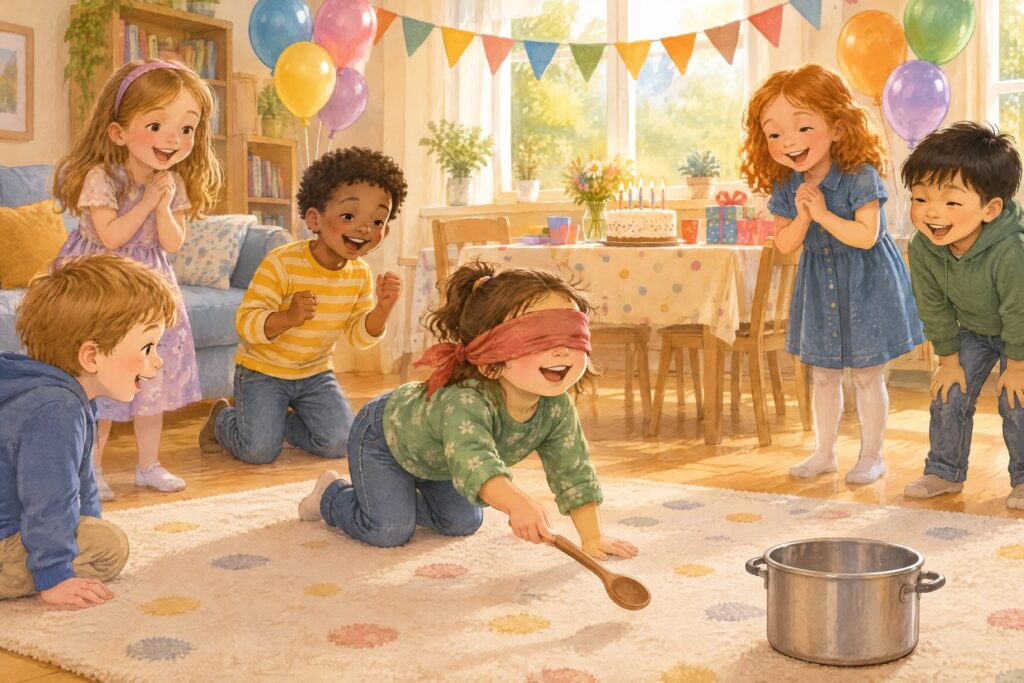 Kinder spielen beim Kindergeburtstag Topfschlagen im Wohnzimmer, im Hintergrund Luftballons, Girlande und Geburtstagstorte