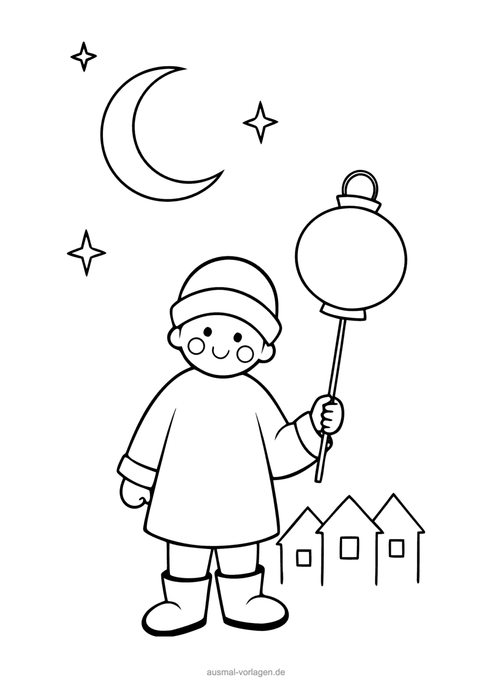 Laternen-Ausmalbild: Kind mit runder Laterne, Mond und Sternen
