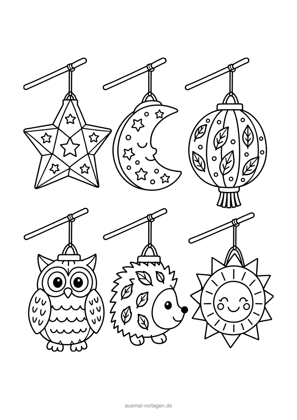 Ausmalbild mit sechs verschiedenen Laternen: Stern, Mond, runde Blätterlaterne, Eule, Igel und Sonne