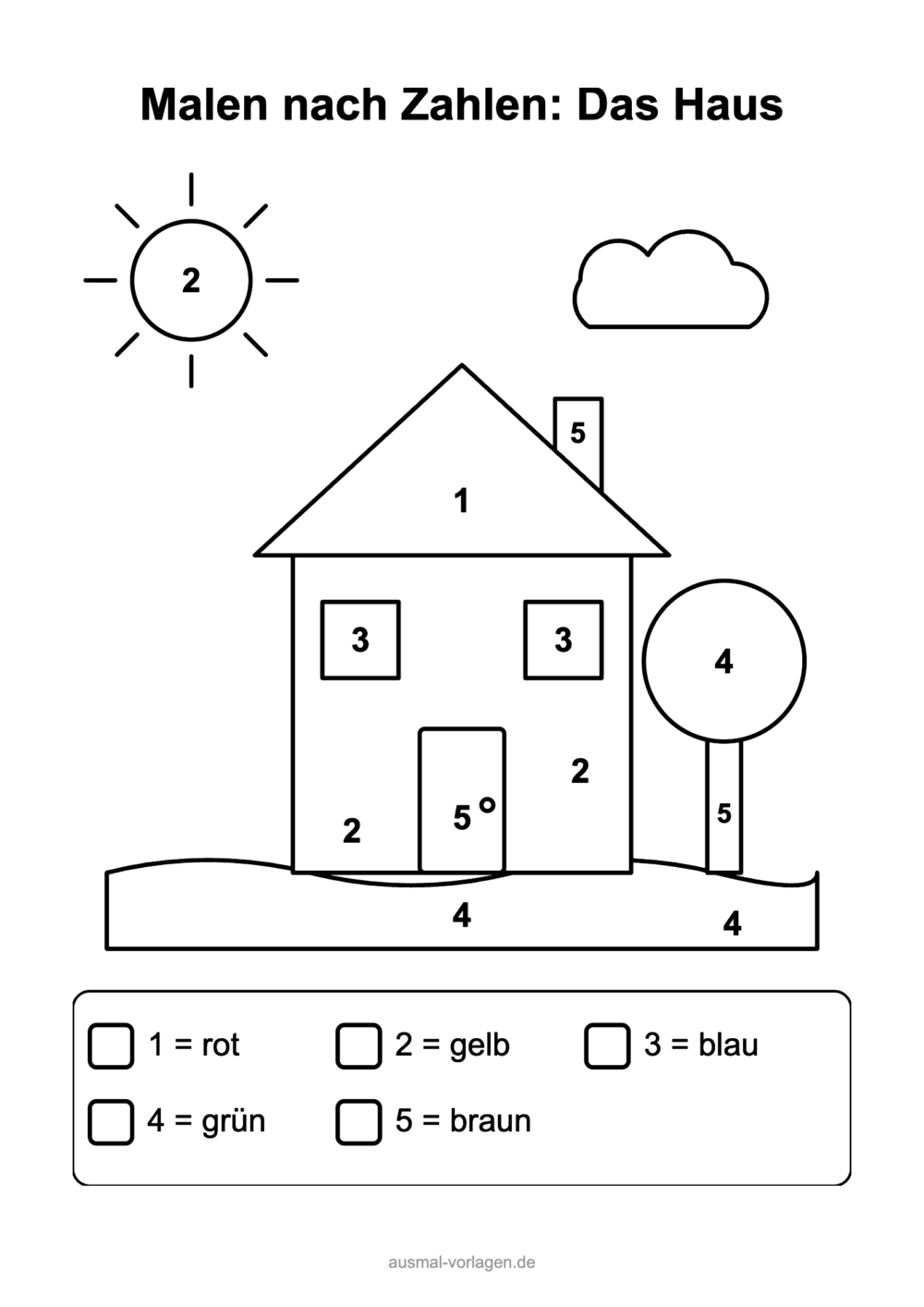 Malen-nach-Zahlen-Vorlage: Haus mit Dach, Fenstern, Tür, Schornstein, Baum, Sonne und Wiese mit Zahlen 1 bis 5 und Farbtabelle