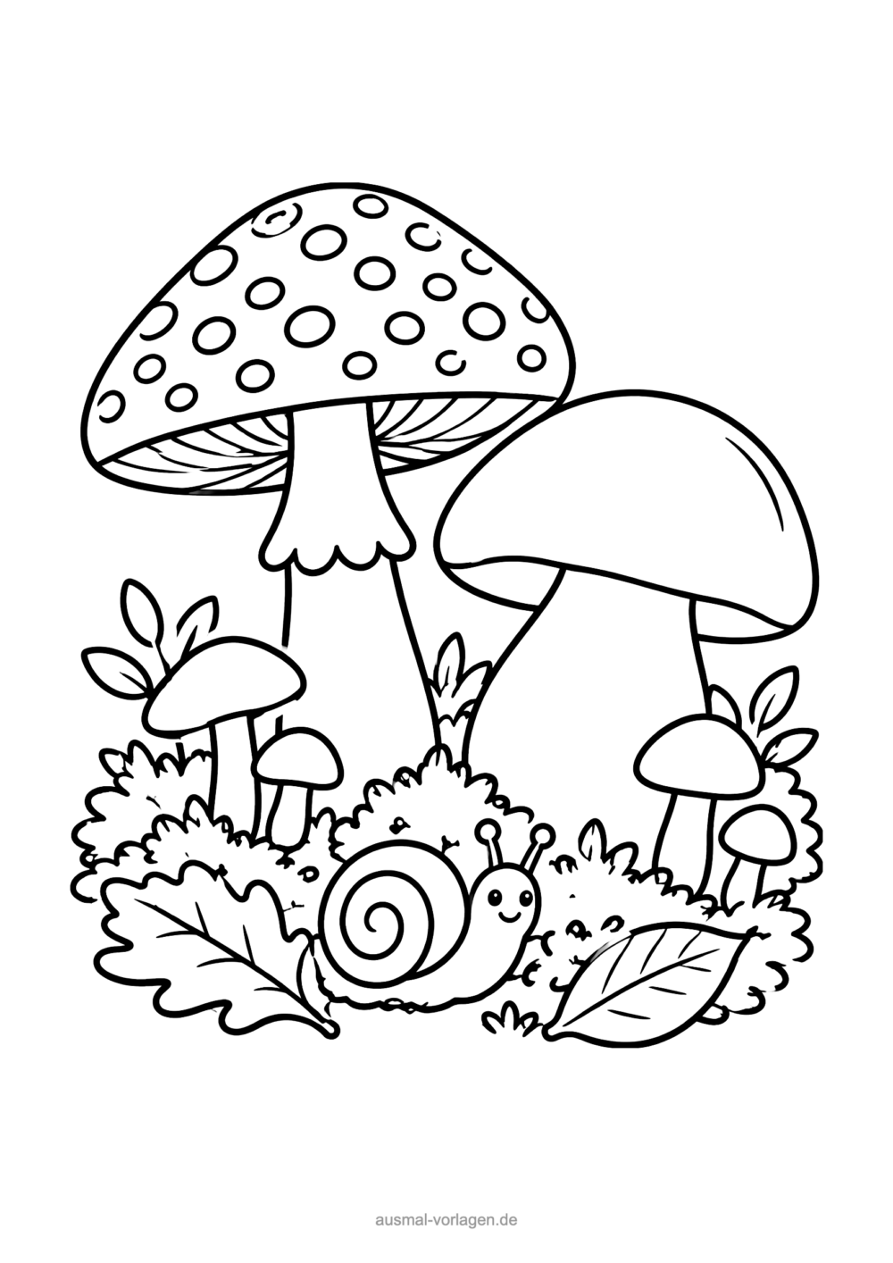 Pilz-Ausmalbild: Fliegenpilz, Steinpilz und kleine Pilze mit Moos, Blättern und Schnecke