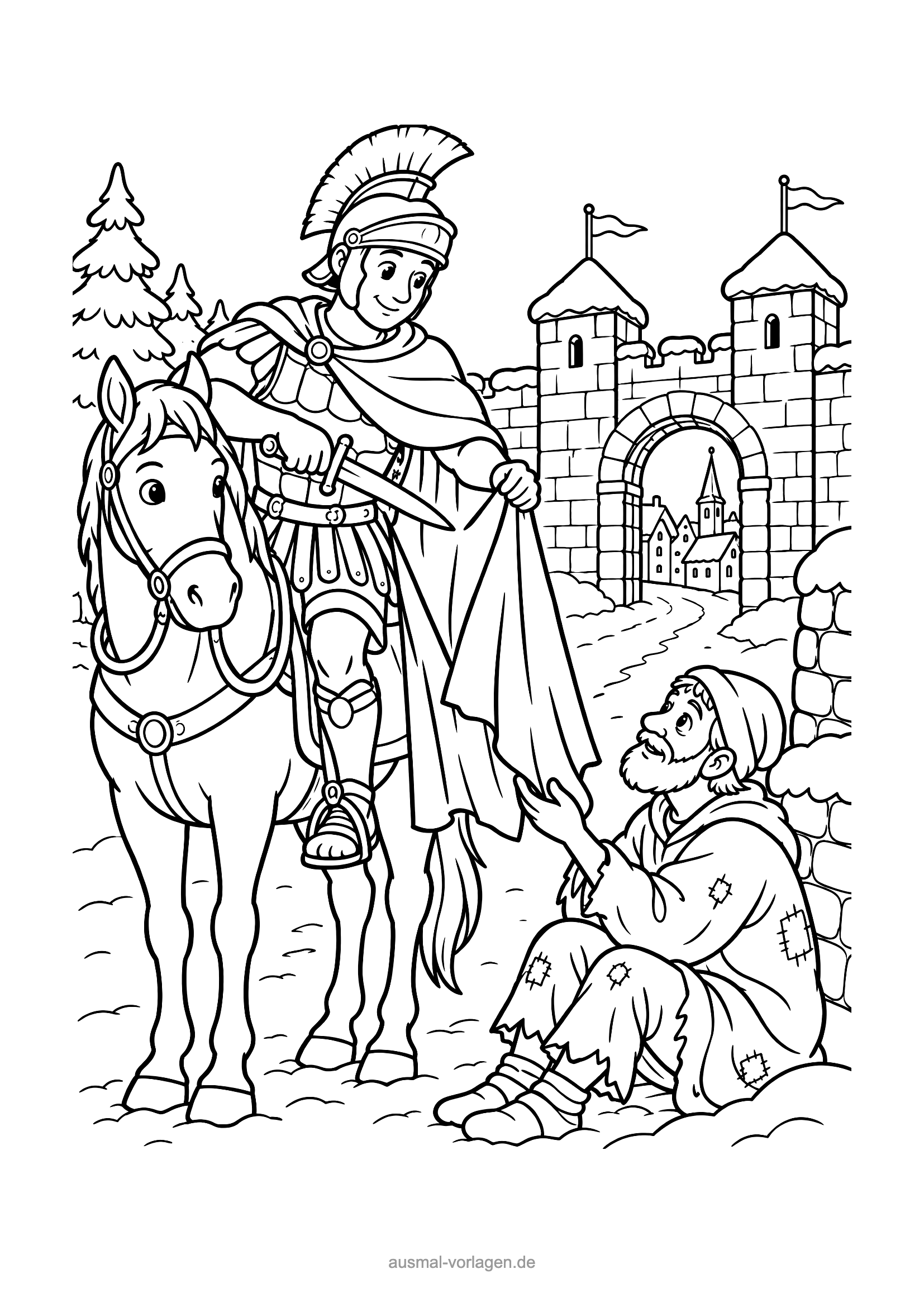 St. Martin teilt seinen Mantel – Ausmalbild