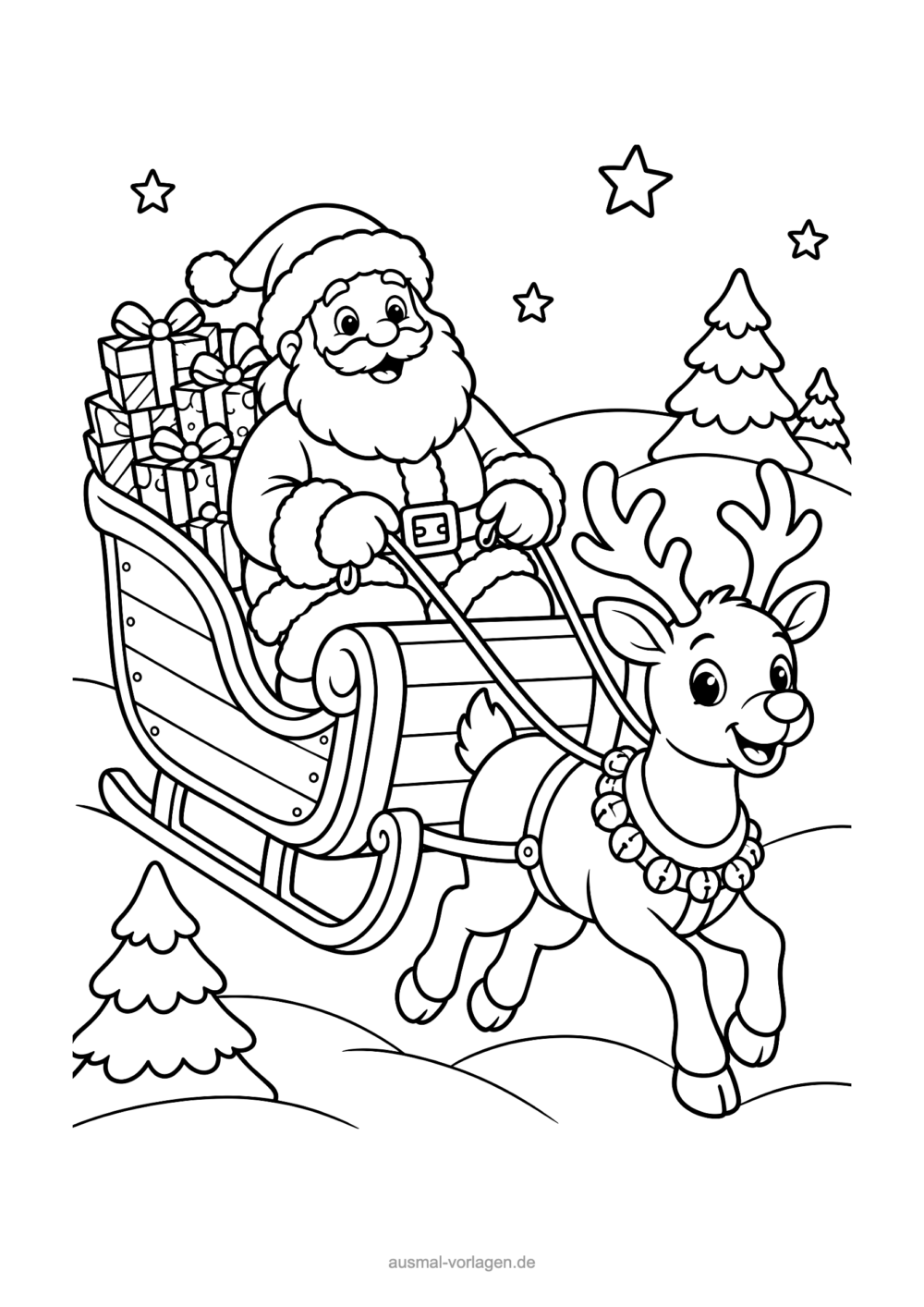 Weihnachtsmann-Ausmalbild: Weihnachtsmann sitzt im Schlitten voller Geschenke, ein Rentier zieht ihn über verschneite Hügel